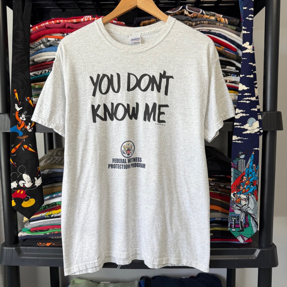 Y2K Heather Gray Federal Witness Protection Program Graphic T-Shirt Large